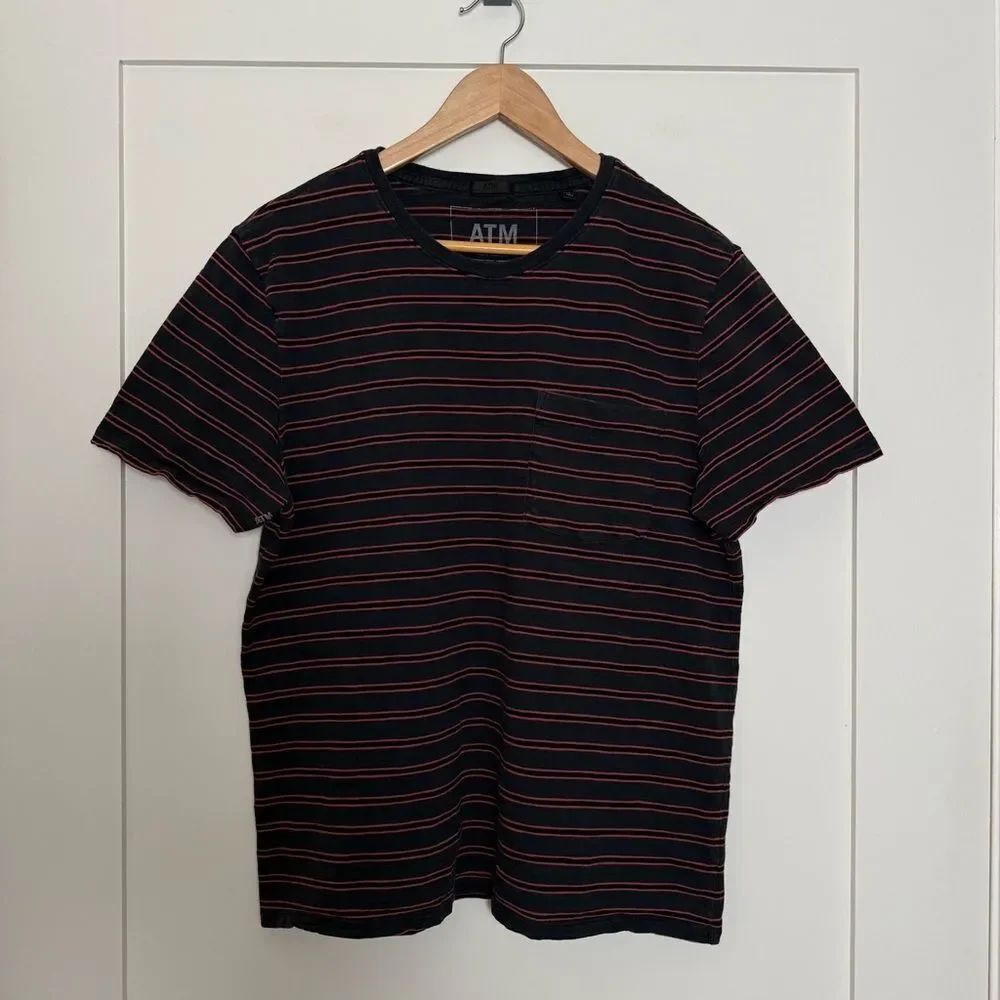 ATM T-Shirt Tee Mens L Navy Pink Striped Short Sleeve 100% Cotton Preppy Casual